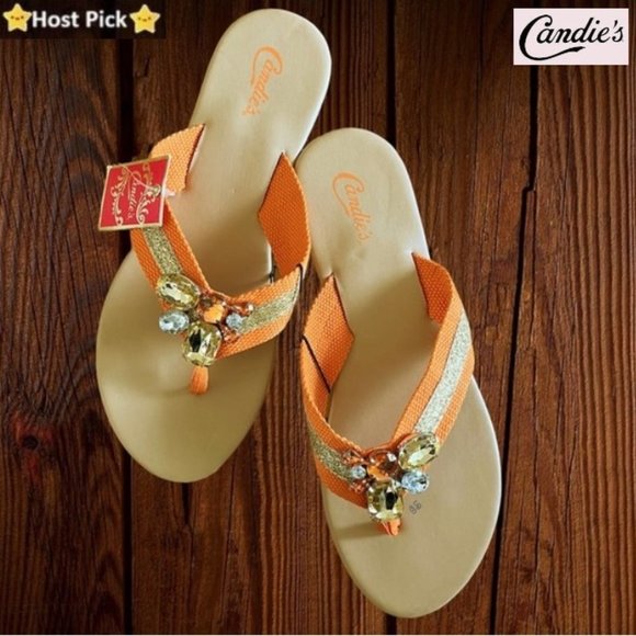 Candie's Shoes - CANDIE'S Crystal Rhinestone Summer Beach Flat Sandals Orange Gold Size L (9-10)